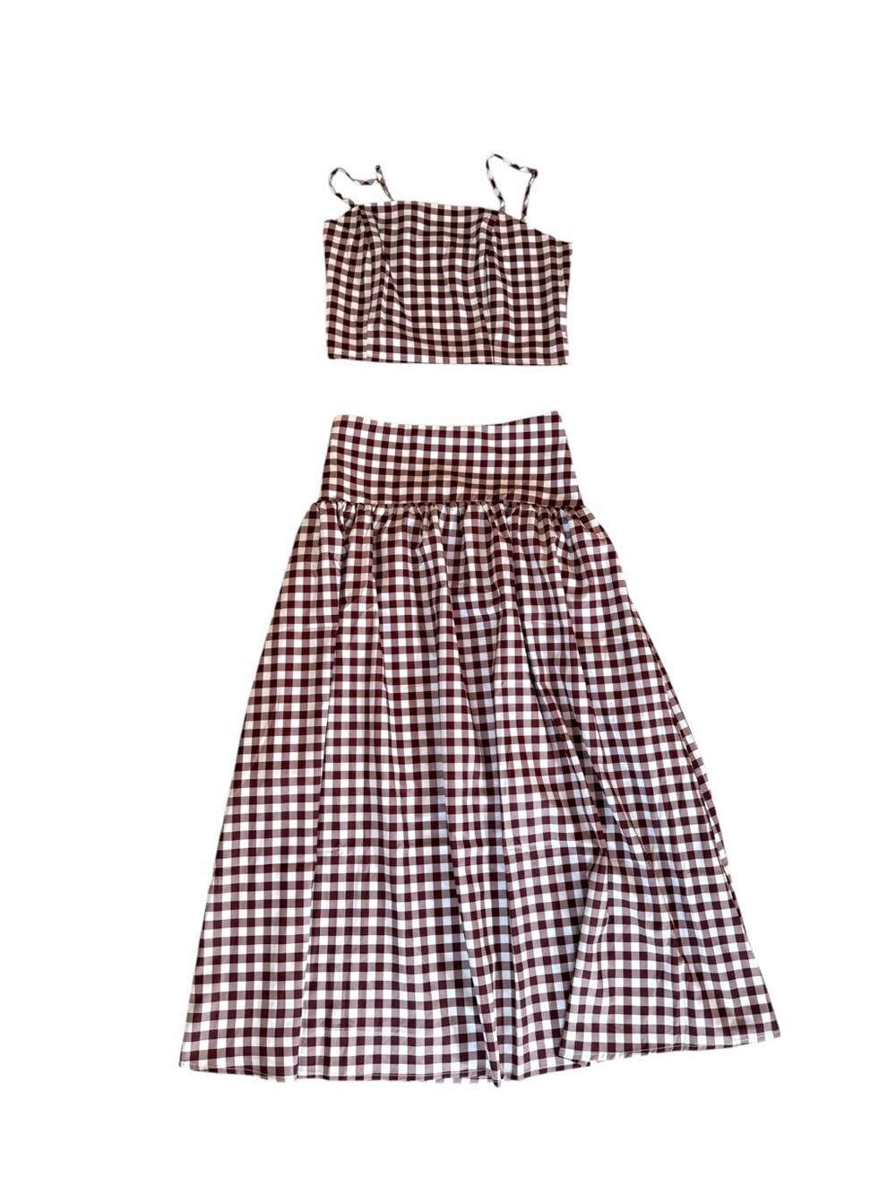 Brown and White Gingham Two-Piece Skirt Set